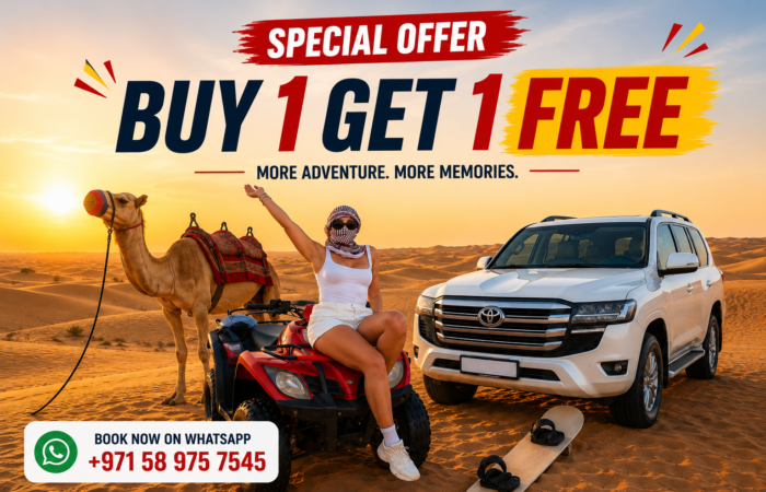 Dubai desert safari Buy 1 Get 1 Free offer with quad bike, camel ride, 4x4 SUV and sandboarding