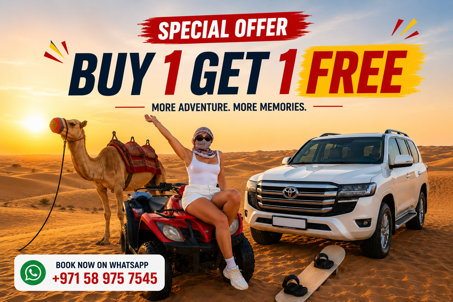 Dubai desert safari Buy 1 Get 1 Free offer with quad bike, camel ride, 4x4 SUV and sandboarding
